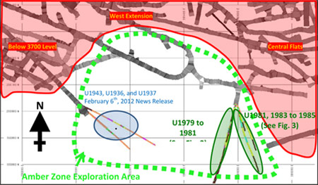 Figure 1. Plan view showing the location of reported diamond drillholes relative to 3D model of existing workings and known orebodies (in red).